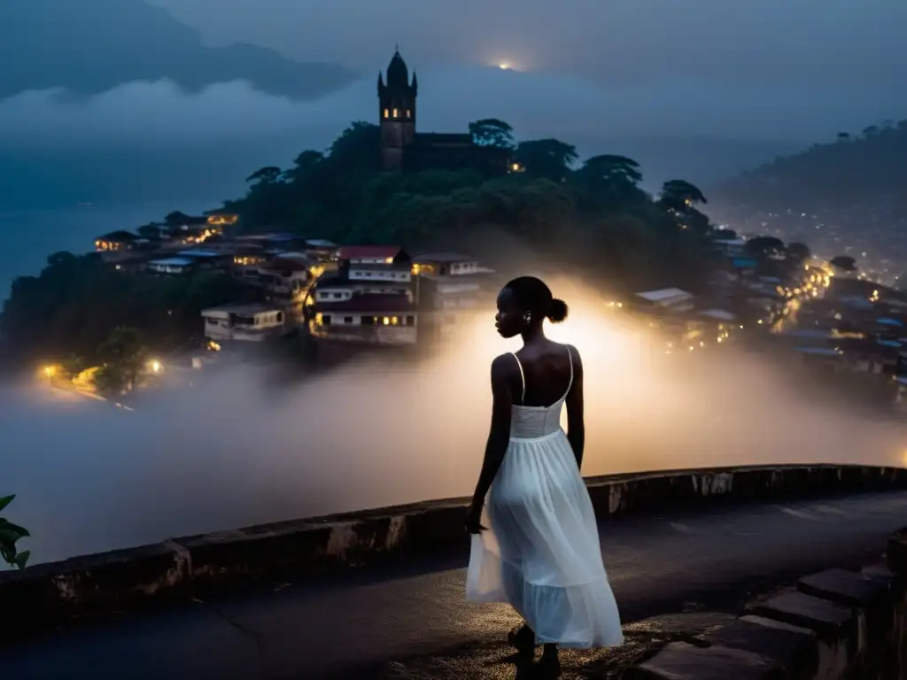 Silueta de mujer blanca en la misteriosa Freetown, rodeada de neblina y sombras urbanas