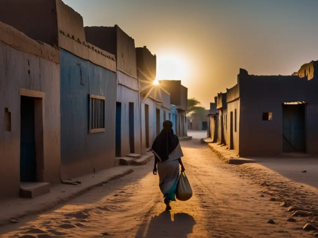 Silueta de mujer sin cabeza caminando en una calle oscura de N'Djamena, Chad, entre edificios antiguos
