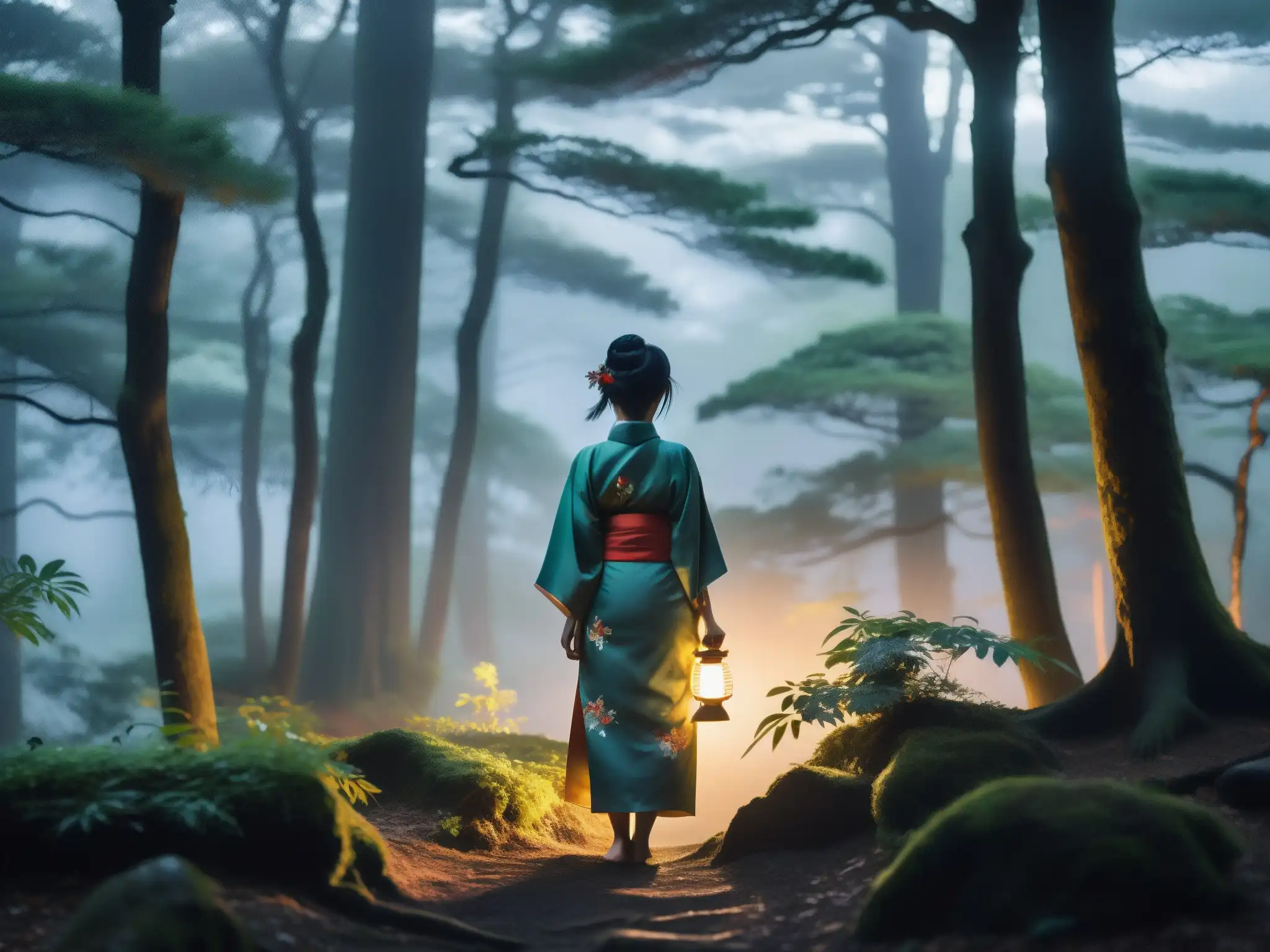 Silueta de mujer en kimono sosteniendo una linterna en un bosque japonés al anochecer, evocando el misterioso Ubume madres fantasmales folklore japonés
