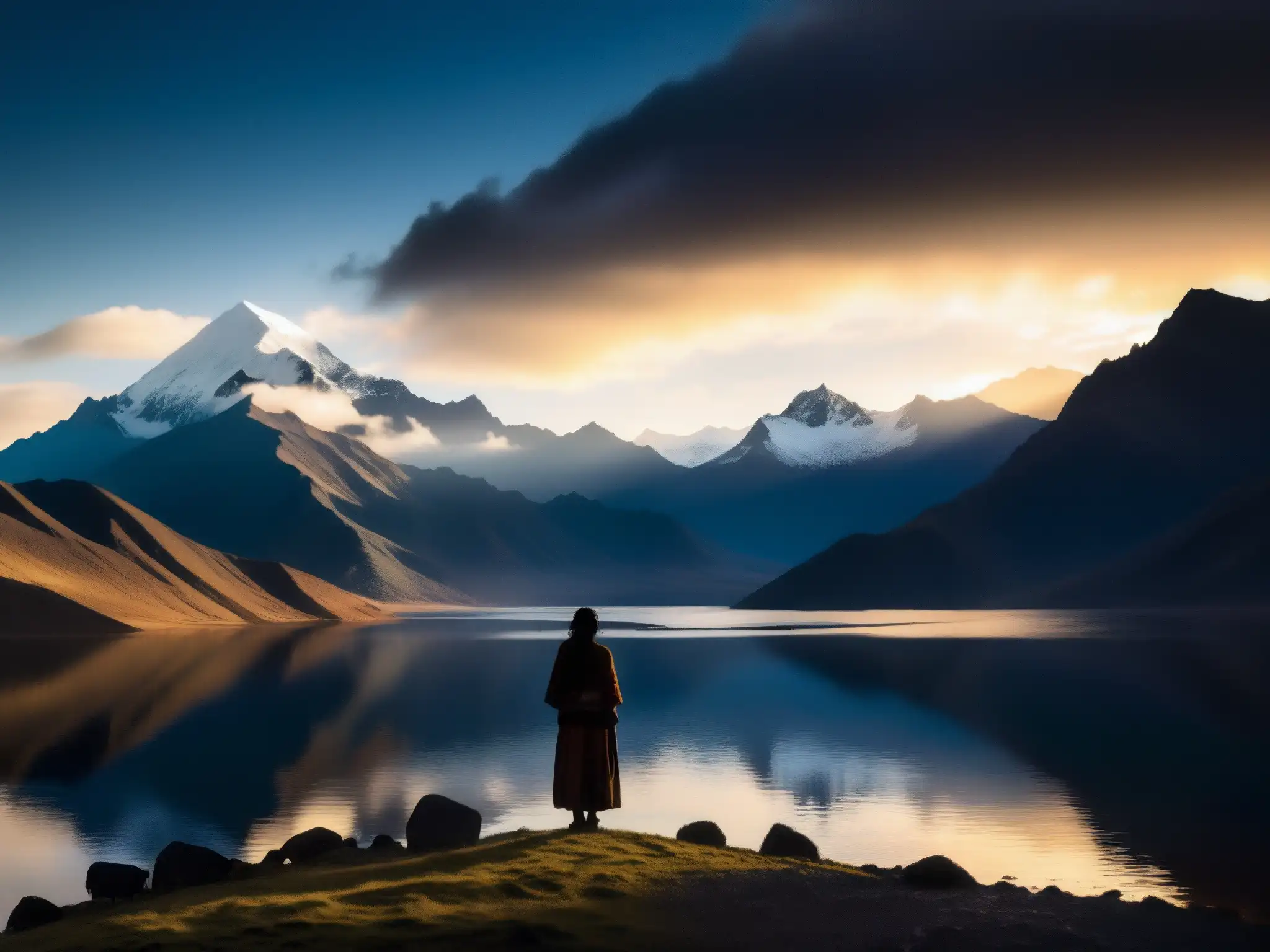 Silueta de mujer en la misteriosa montaña Andina con reflejo en el lago, evocando el misterio de la Llorona Andina