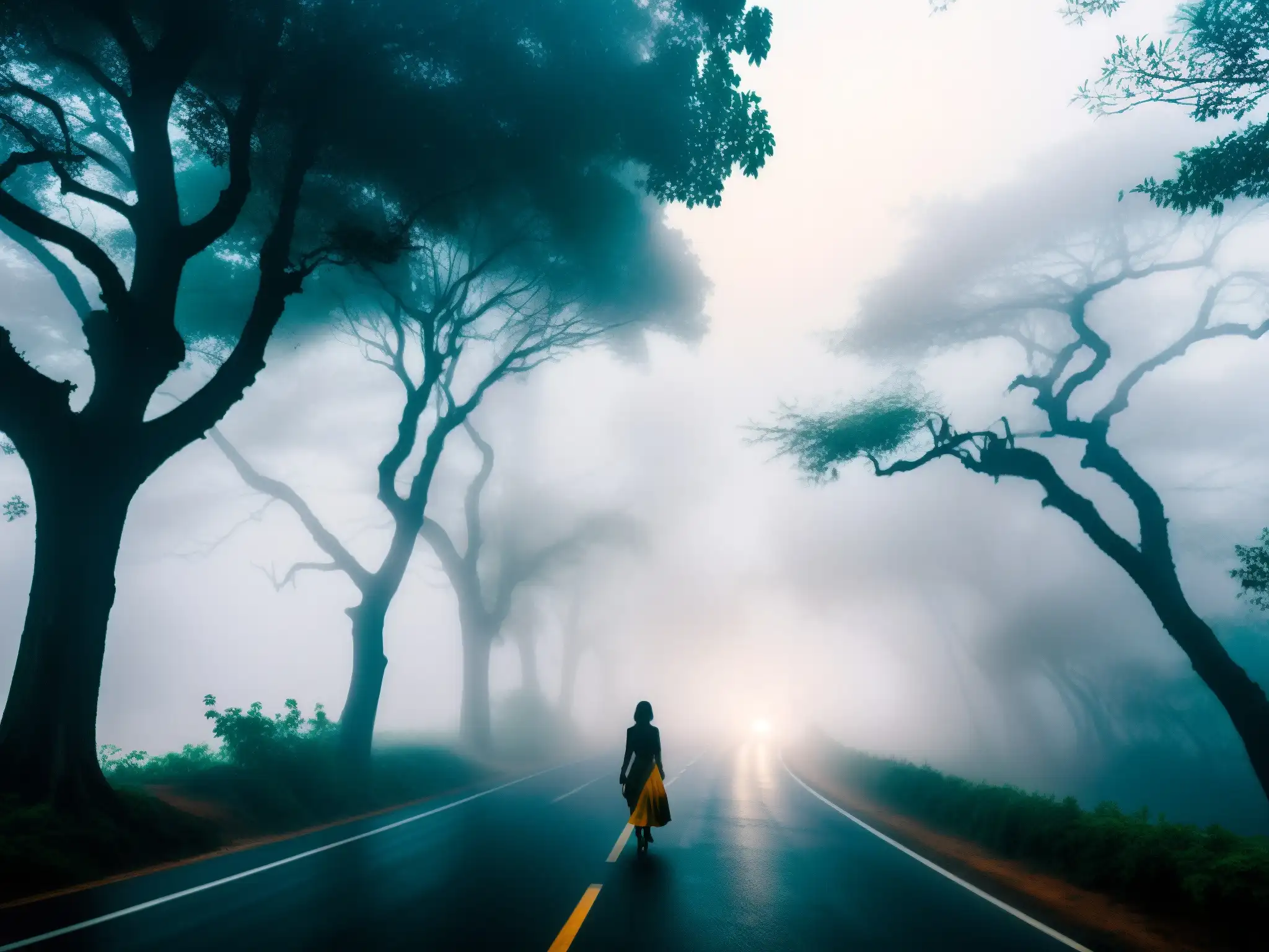 Silueta de mujer en la neblina en una carretera de Bengaluru, con árboles tenebrosos y apariciones misteriosas