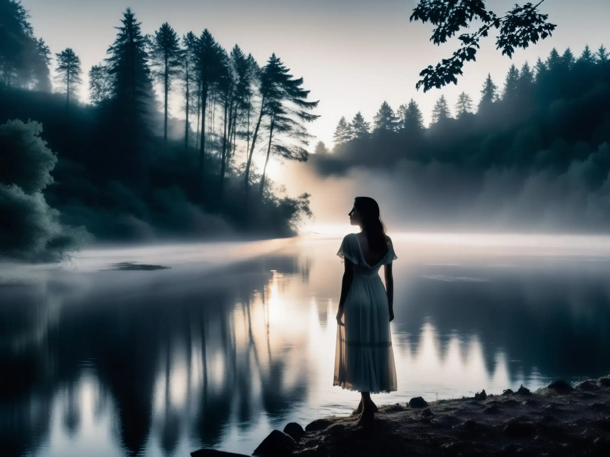 Silueta de mujer en el río neblinoso bajo la luna, evocando el origen y testimonios leyenda Llorona
