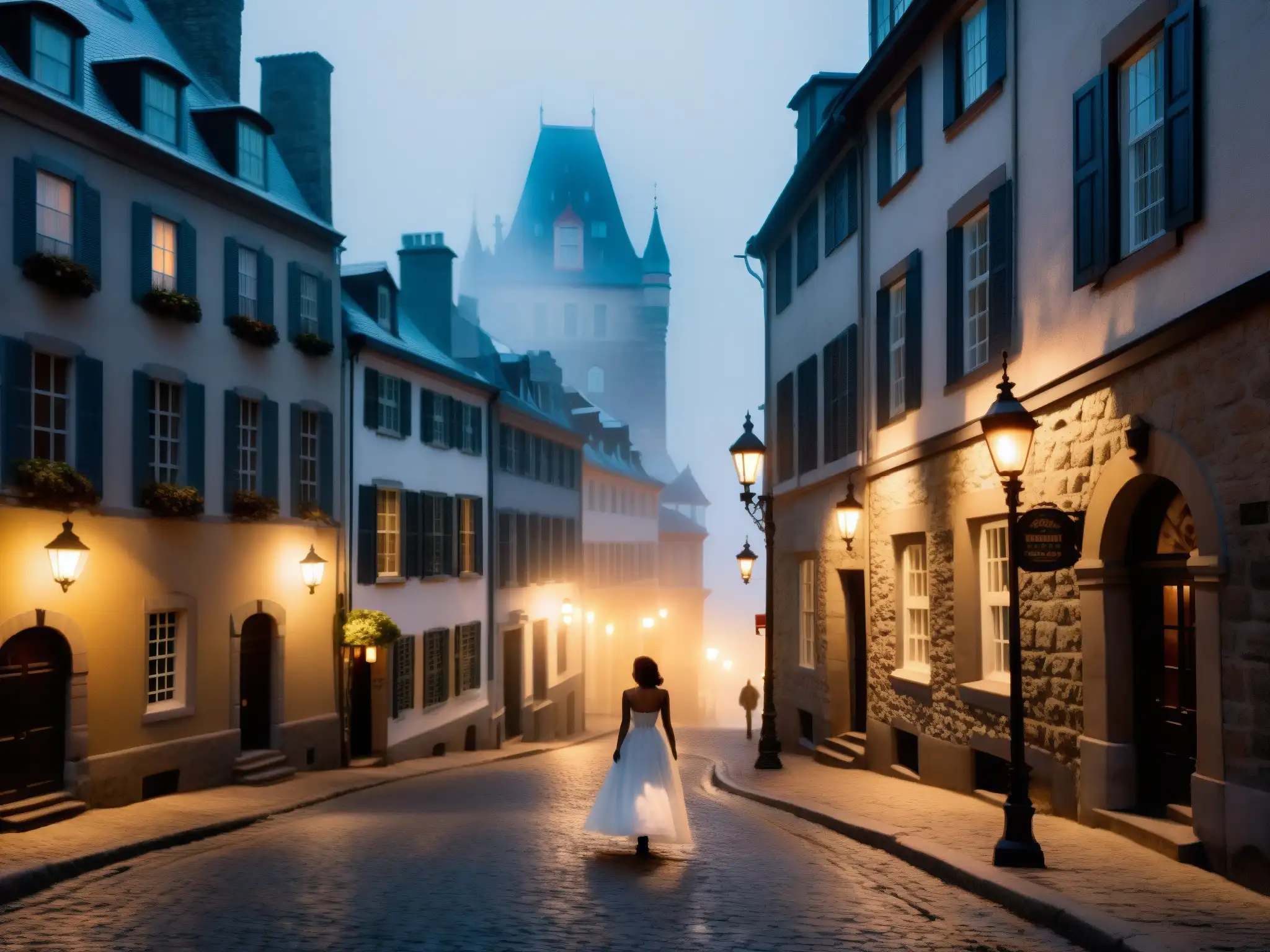 Silueta de mujer en vestido blanco bajo farola en la neblinosa calle de Quebec