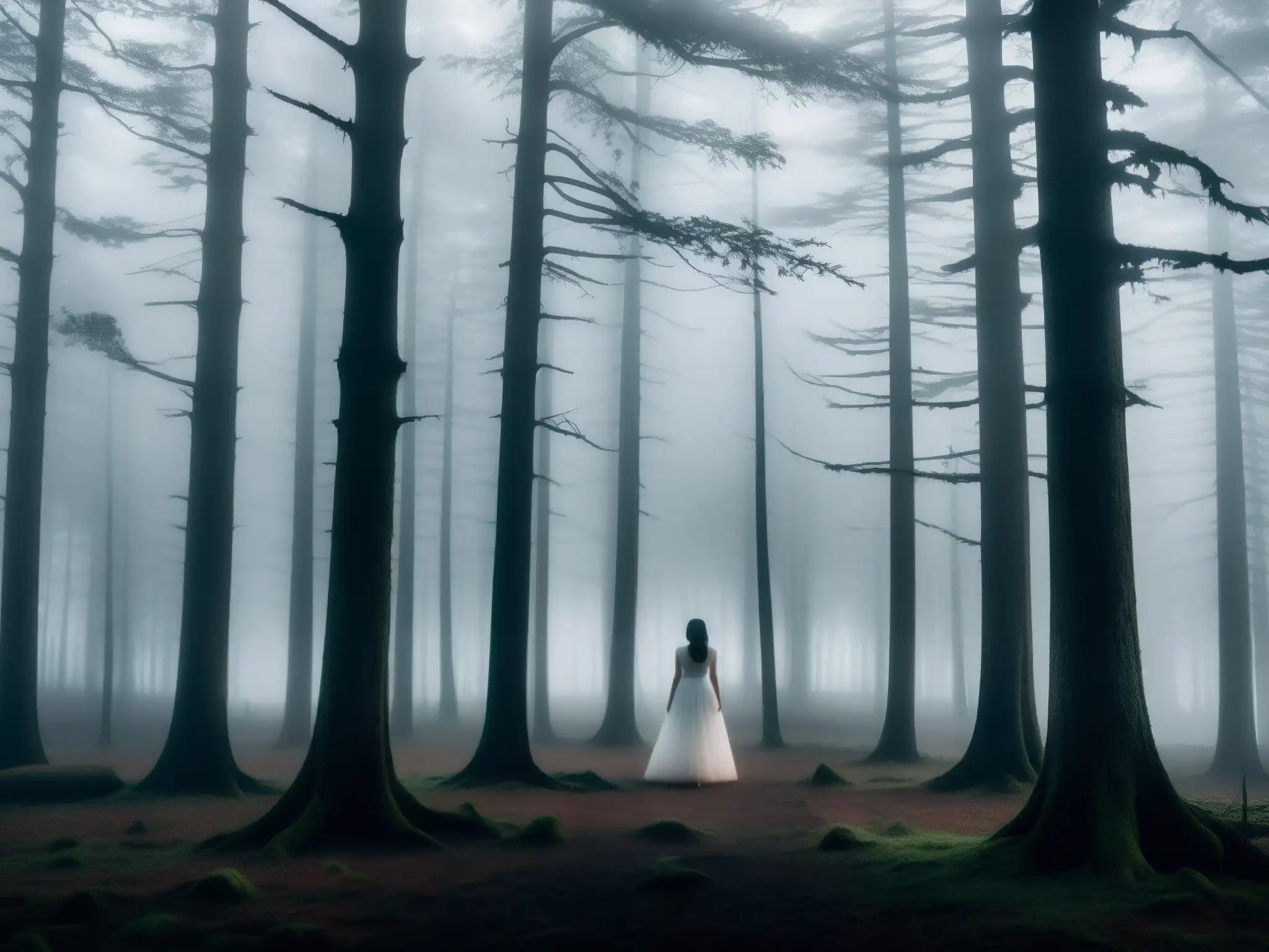 Silueta de mujer en vestido blanco entre árboles en la neblina, evocando el misterio de la Dama de Blanco mito urbano