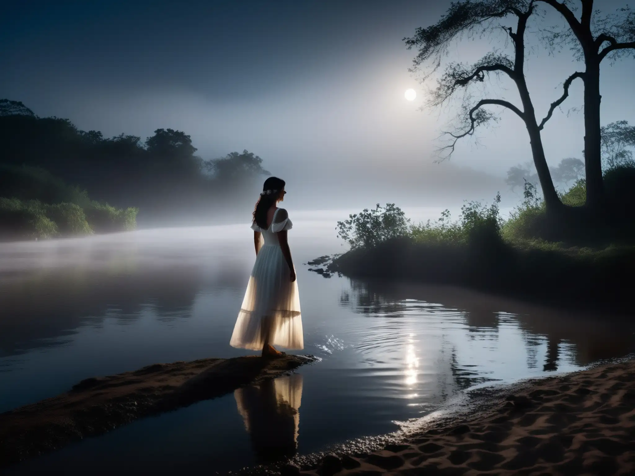 Silueta de mujer en vestido blanco en la orilla del río, evocando la leyenda de La Llorona en una escena misteriosa y sobrenatural