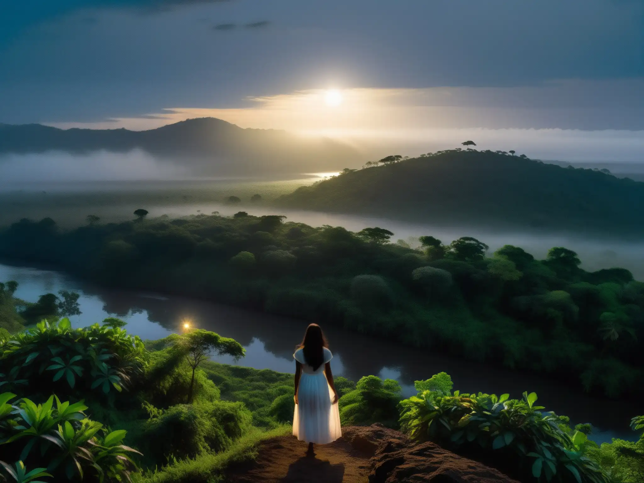 Silueta en la noche brumosa de los llanos venezolanos, evocando la misteriosa leyenda de La Sayona