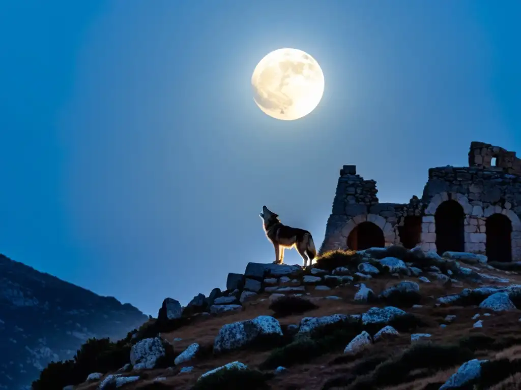 Silueta de lobo en noche de luna llena sobre paisaje de Córcega