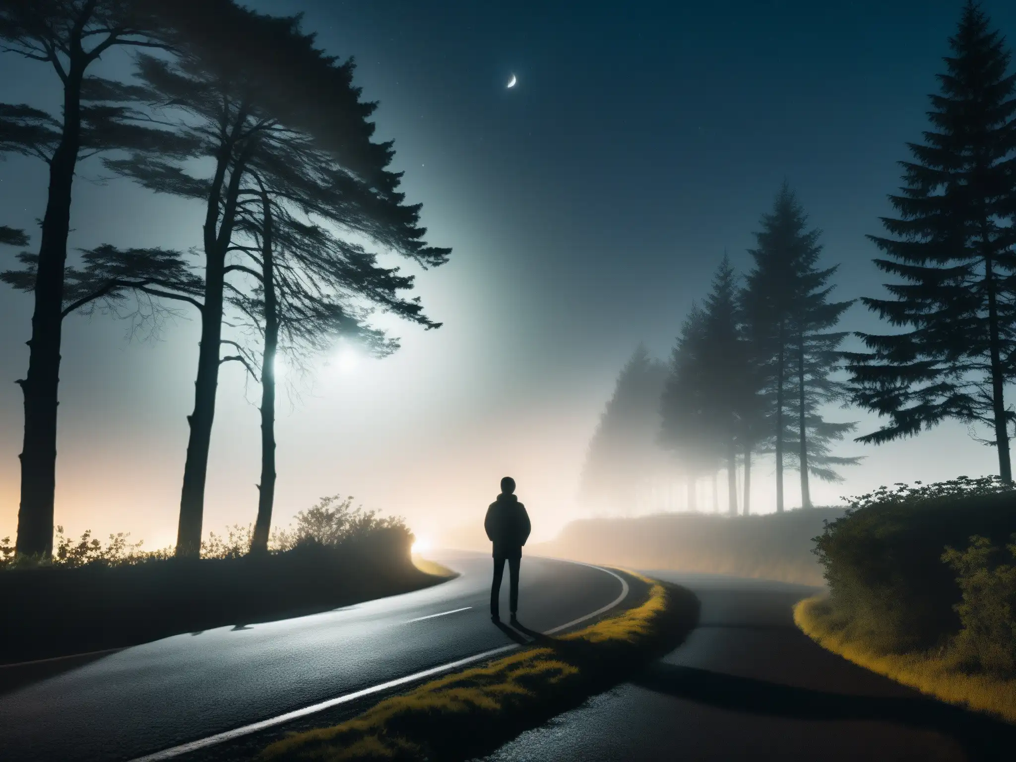 Silueta en la noche de El Secreto de la Mujer de la Curva, observando luces de auto en un camino neblinoso entre árboles sombríos