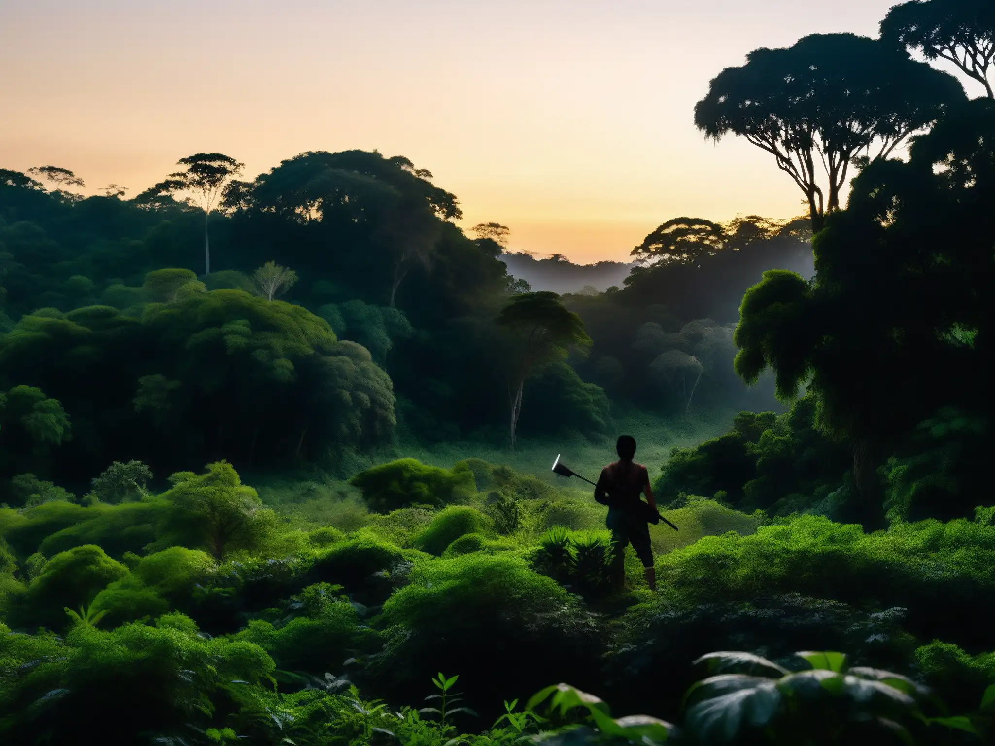 Silueta de El Pombero en la exuberante selva paraguaya al atardecer, creando una atmósfera enigmática y cautivadora