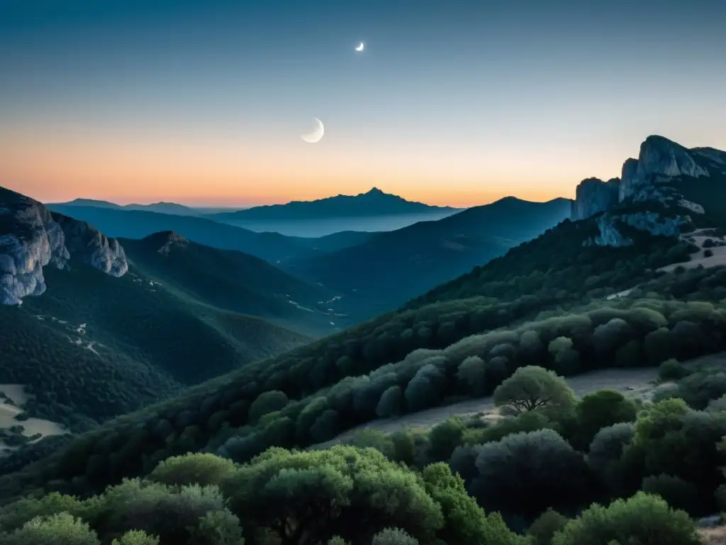 Silueta solitaria aullando a la luna sobre el paisaje corsa, evocando la mística leyenda Hombre Lobo Córcega noche