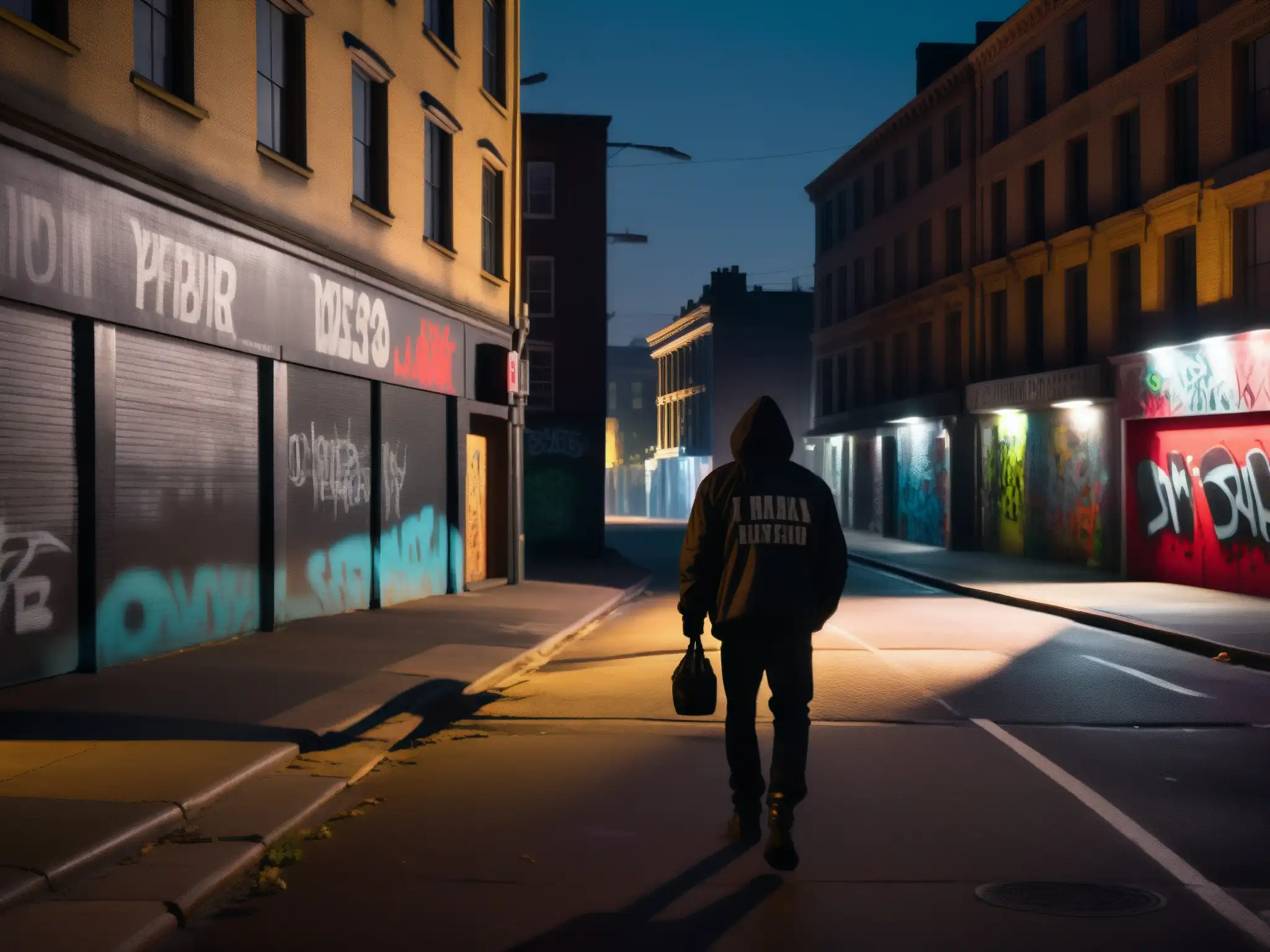 Silueta solitaria camina en la noche urbana, impacto leyendas urbanas ansiedad social