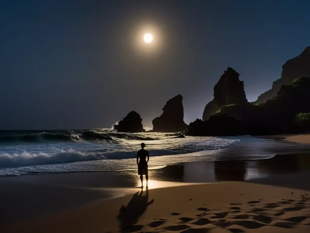 Silueta solitaria en la playa oscura de Cabo Verde, evocando leyendas urbanas islas Cabo Verde con misterio y suspense