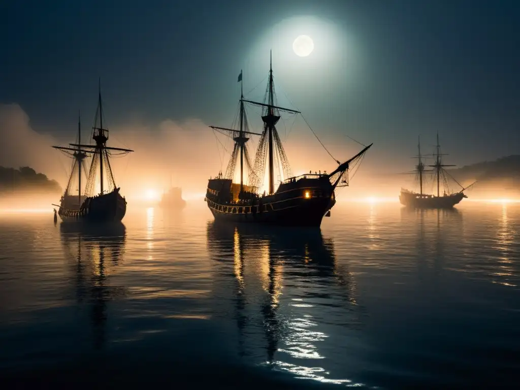 Siluetas de antiguos barcos semisumergidos en la brumosa costa, evocando la desaparición flota Marina Templaria en la misteriosa luz de la luna