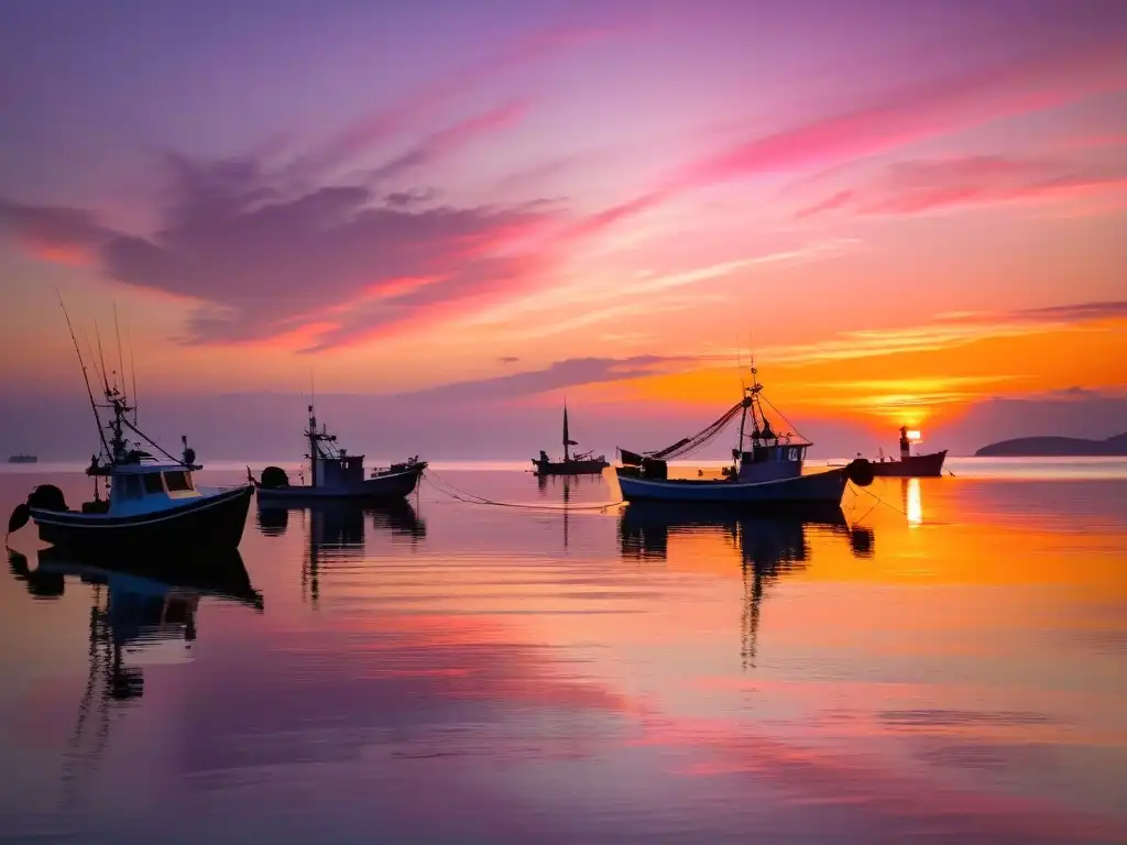 Siluetas de barcos de pesca al amanecer reflejadas en el agua tranquila, creando una escena serena y llena de anticipación