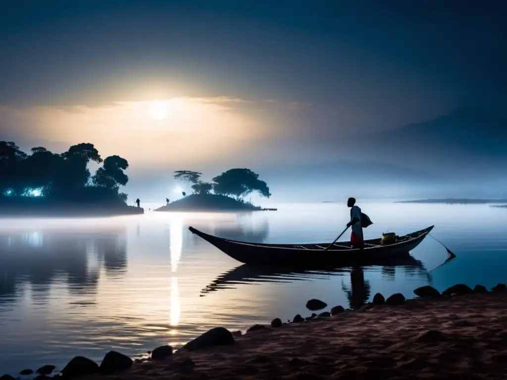 Siluetas de botes de pesca tradicionales en la brumosa orilla del lago Victoria en Uganda, evocando las apariciones del fantasma del lago Victoria