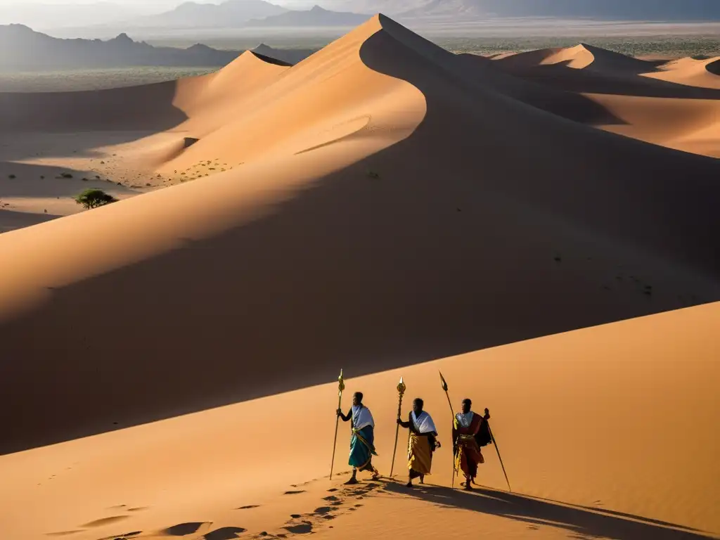 Siluetas de espíritus errantes en el desierto etíope, fundiéndose con la arena dorada y la luz del sol