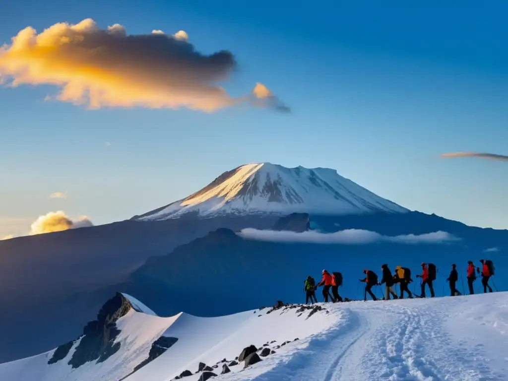 Siluetas de escaladores celebrando en la cumbre nevada del Kilimanjaro al atardecer, evocando la emoción de conquista
