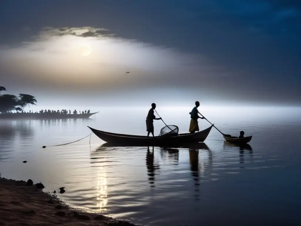 Siluetas de pescadores ugandeses lanzando redes en la neblina nocturna del lago Victoria, con la misteriosa aparición del fantasma en el fondo