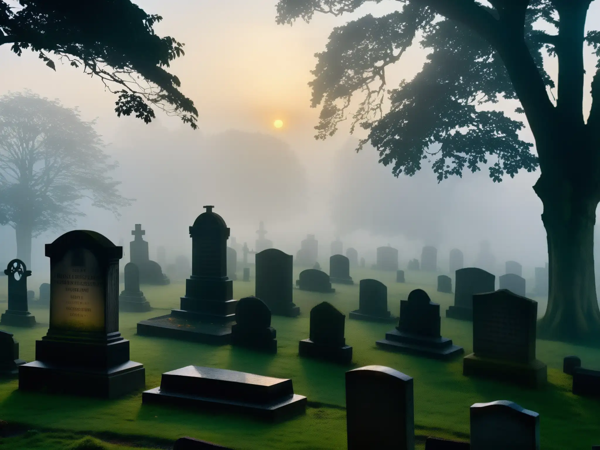 Siluetas de tumbas y mausoleos cubiertos de niebla al atardecer, mostrando la Presencia del Más Allá en Cementerio Lothian