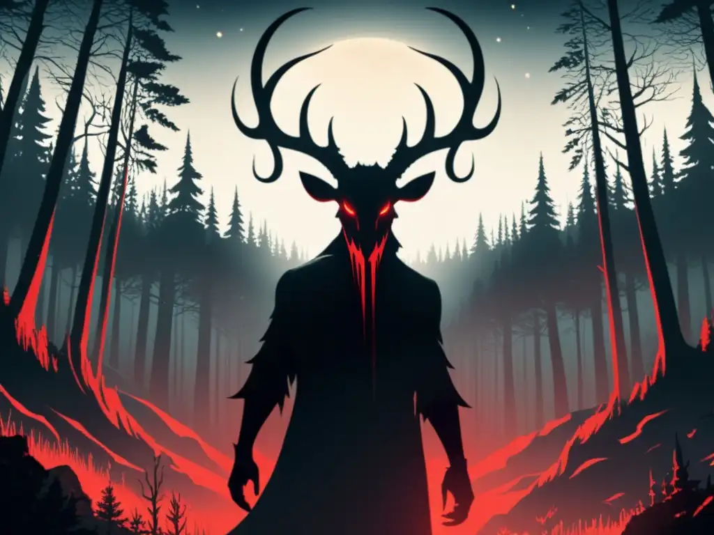 Un siniestro demonio de pesadillas con cuernos retorcidos emerge de un bosque escandinavo, transmitiendo el terror de sus orígenes