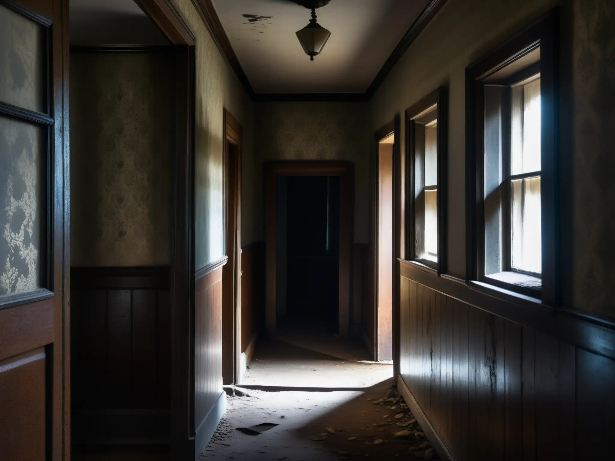 Siniestro pasillo de casa abandonada, con papel tapiz desgastado, susurros y sombras fantasmales