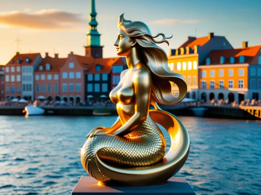 La Sirena de Copenhague, símbolo de amor eterno, con detalles en 8k y fondo del puerto al atardecer