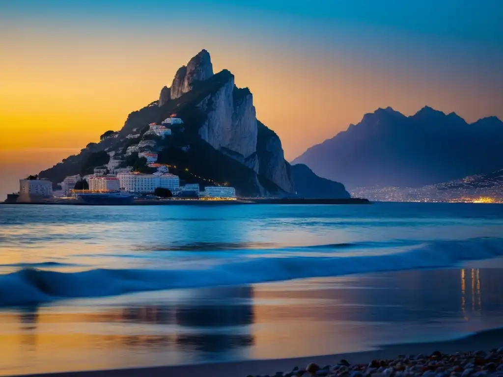 La Sirena de Gibraltar mito: El majestuoso Peñón emerge del mar Mediterráneo con un suave resplandor dorado al amanecer, evocando la mística leyenda