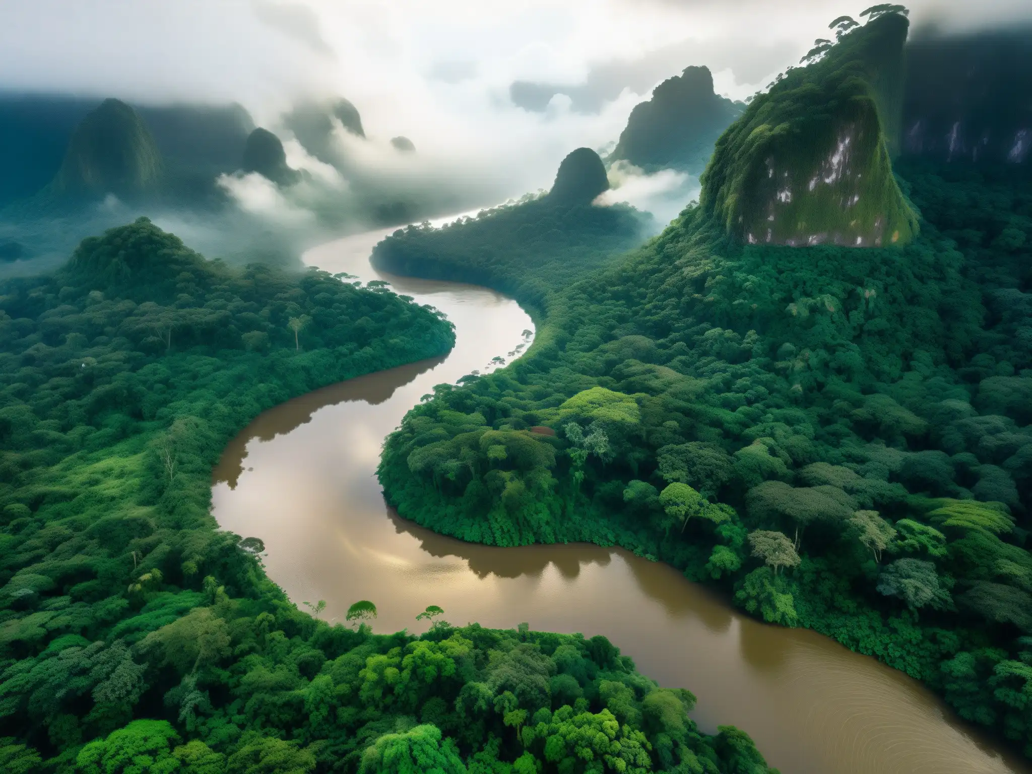 Sirena de los ríos en Sudamérica emerge misteriosa de un río amazónico, rodeada de exuberante vegetación y misterioso vapor
