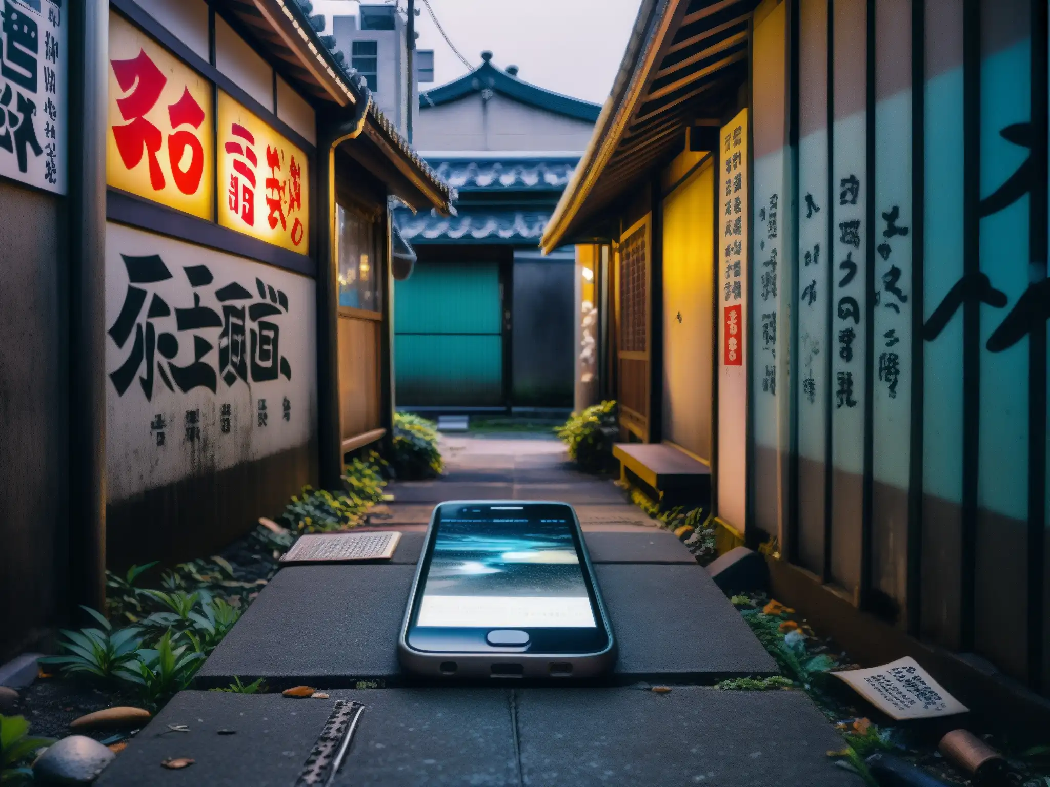 Alley de Tokio con graffiti, un smartphone abandonado muestra un yokai