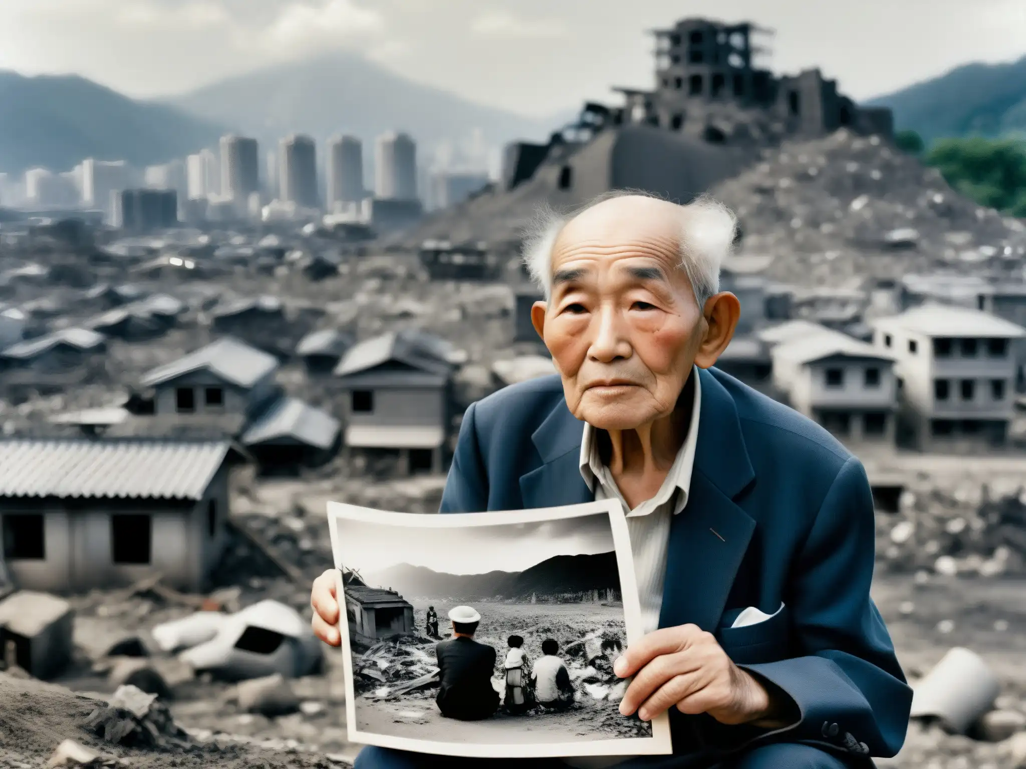 Un sobreviviente anciano de las bombas atómicas de Hiroshima y Nagasaki frente a una foto en blanco y negro de la ciudad devastada