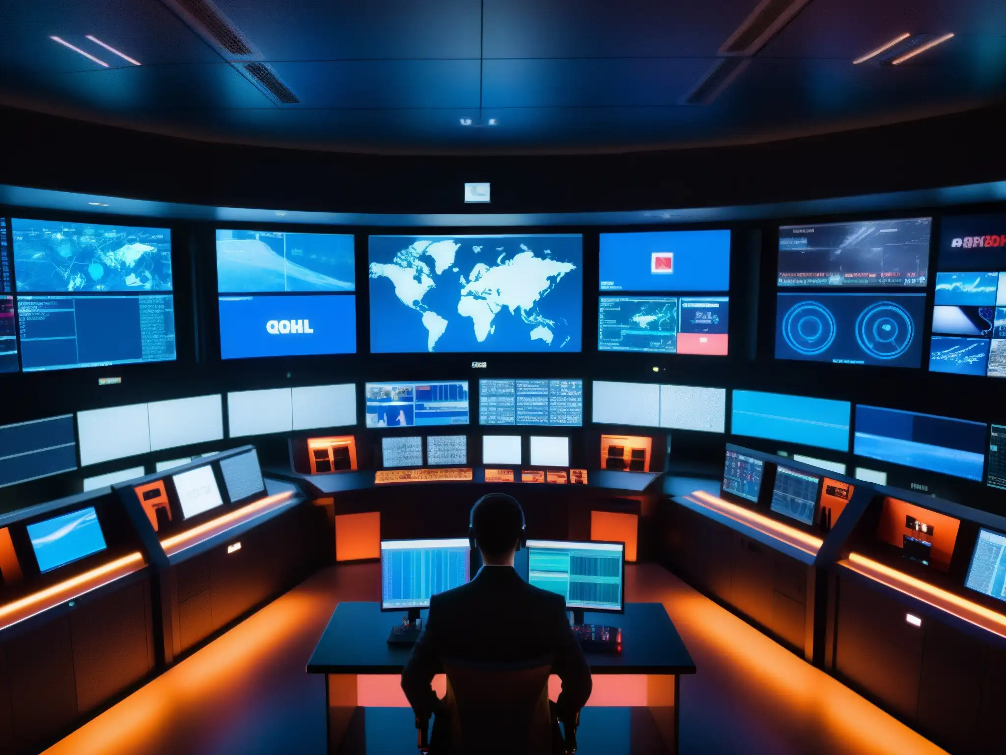 Sociedades secretas operan red control global: equipo en sala de monitores, rostros iluminados por pantallas, atmósfera tensa