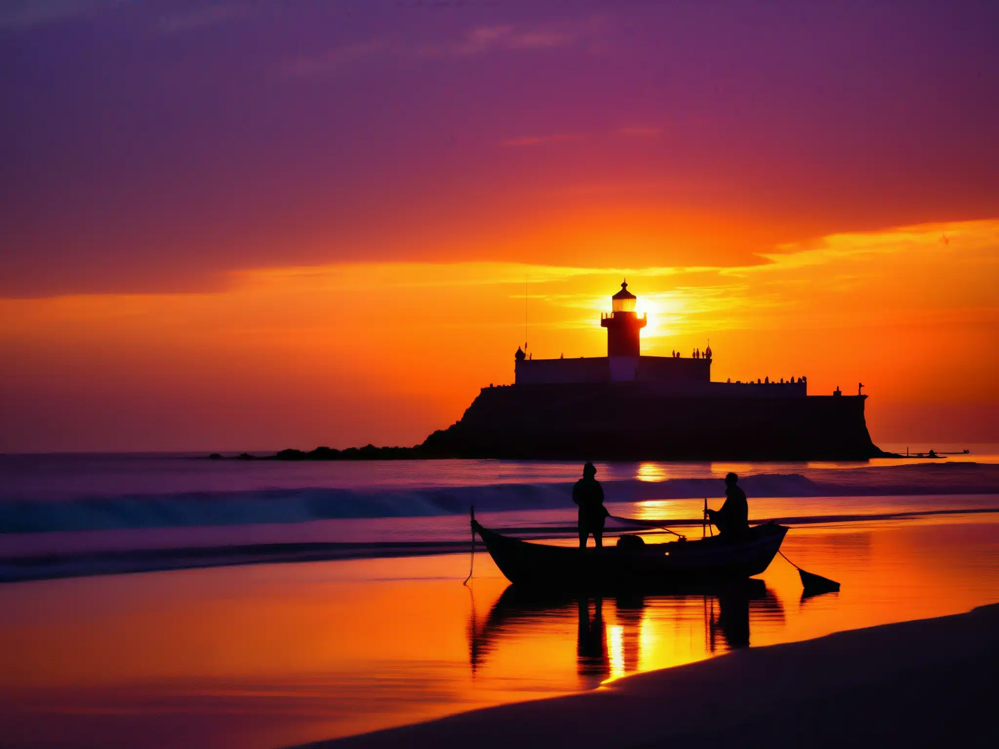 El sol se pone sobre la costa de Veracruz, destacando la silueta de un barco de pesca y su tripulación