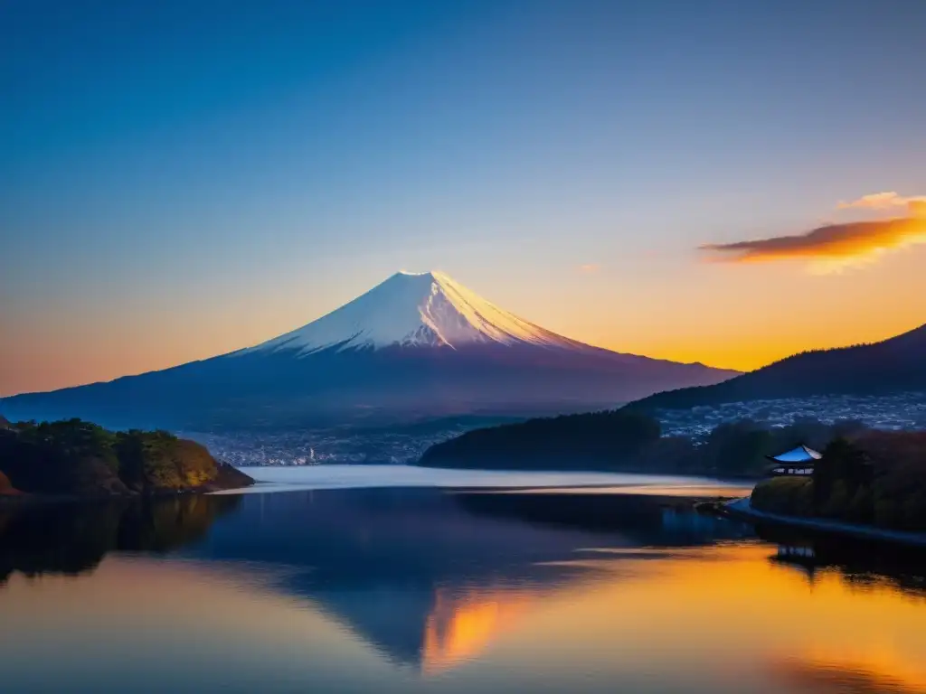 El sol se pone detrás del majestuoso Monte Fuji, iluminando el paisaje con un cálido resplandor dorado