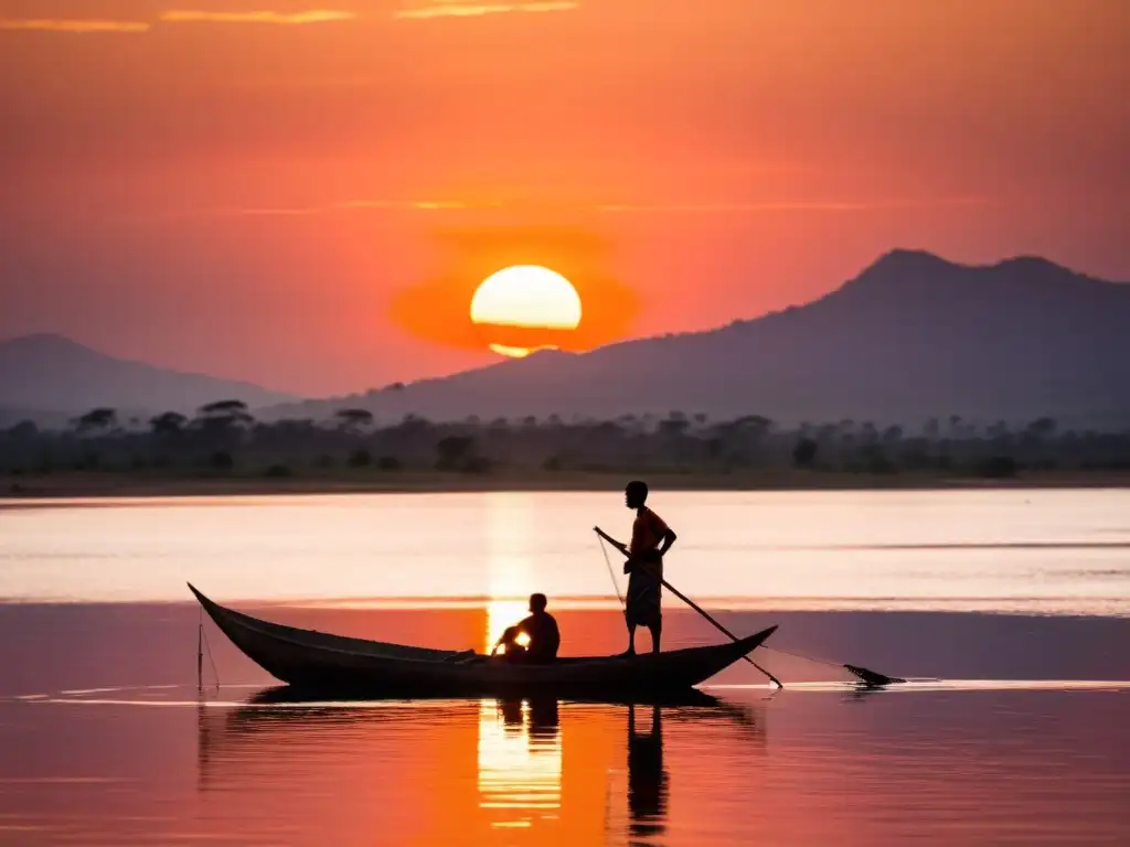 El sol se pone sobre el lago Victoria en Kenya, reflejando tonos naranjas y rosados en el agua