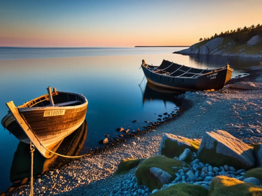 El sol poniente ilumina el Barco Fantasma en la costa rocosa de Oeland, Suecia, creando una atmósfera misteriosa y cautivadora de la mitología sueca