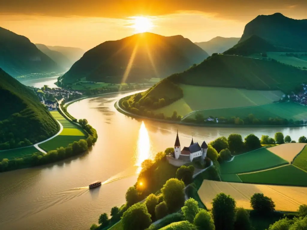 El sol se pone sobre el río Rin en el paisaje encantador alemán, evocando la leyenda de El Anillo de los Nibelungos análisis