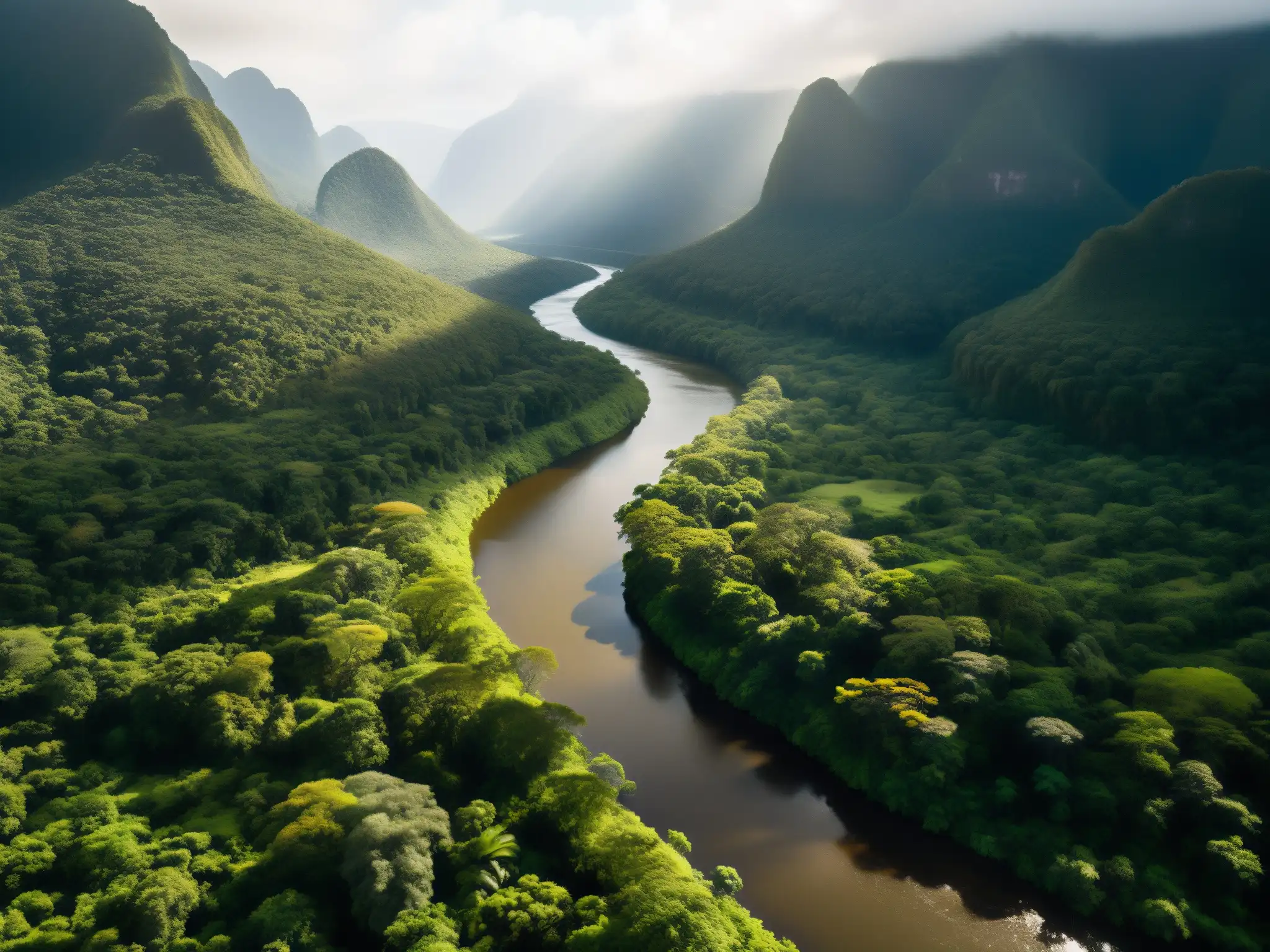 El sol filtra a través del dosel en la densa selva venezolana, creando sombras en el río Taguapire