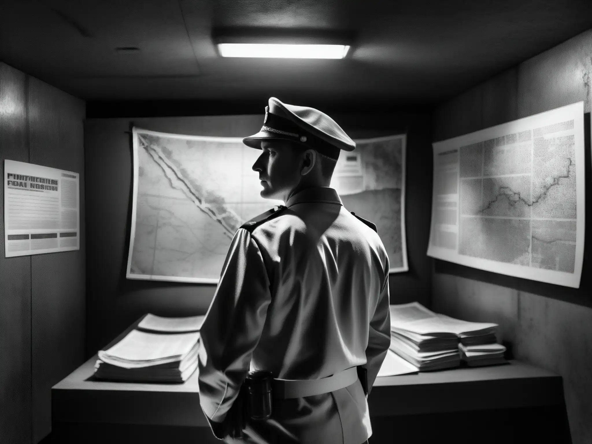 Soldado en bunker oscuro rodeado de mapas, crea atmósfera de misterio y secretos