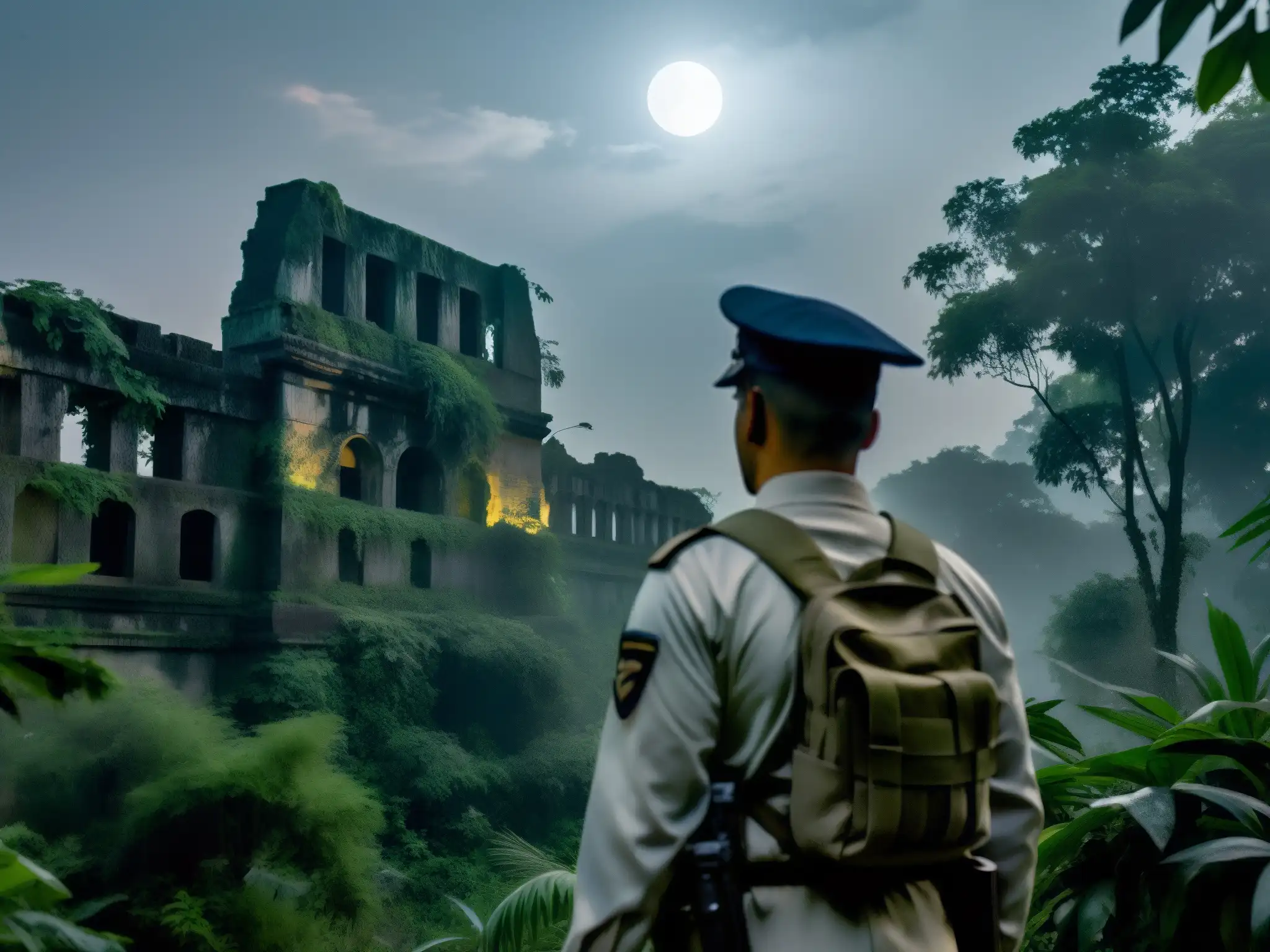 Soldado misterioso en la selva india, con ruinas antiguas entre la niebla y la vegetación