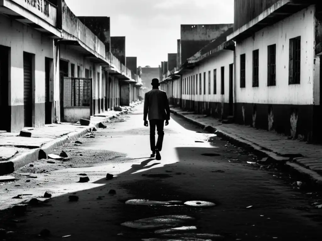 Un soldado sin nombre camina por una desolada calle de Libreville, mostrando la impactante huella de la guerra en la ciudad