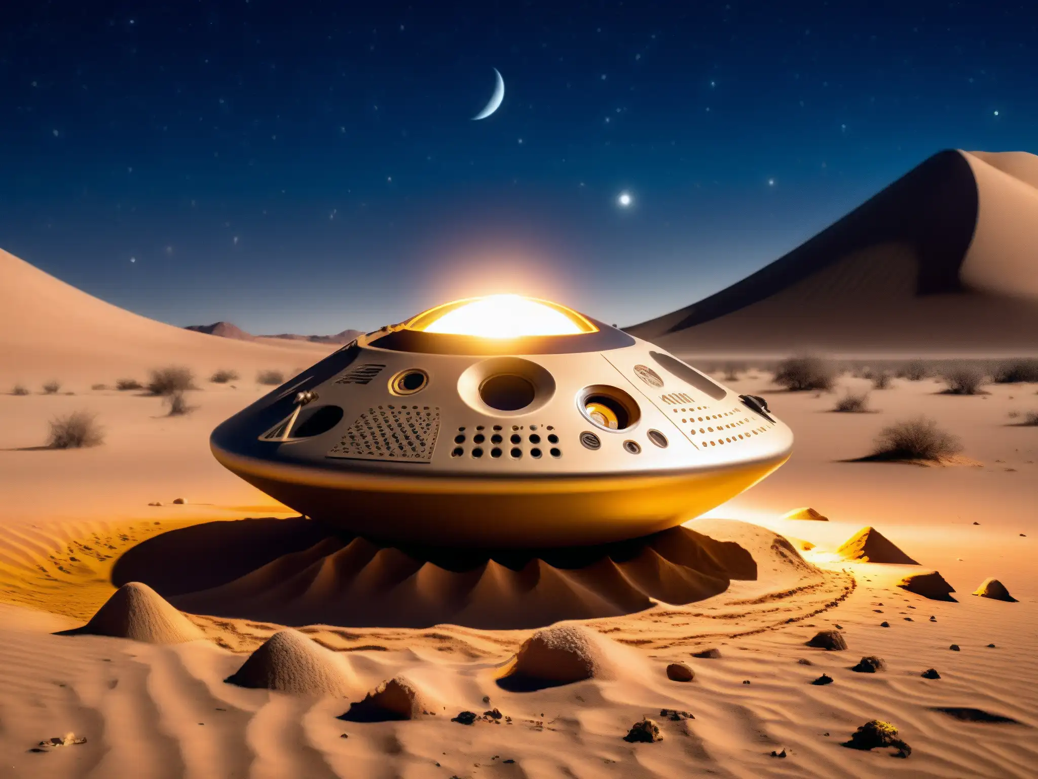 Soldados investigan un objeto misterioso bajo la luna en el desierto