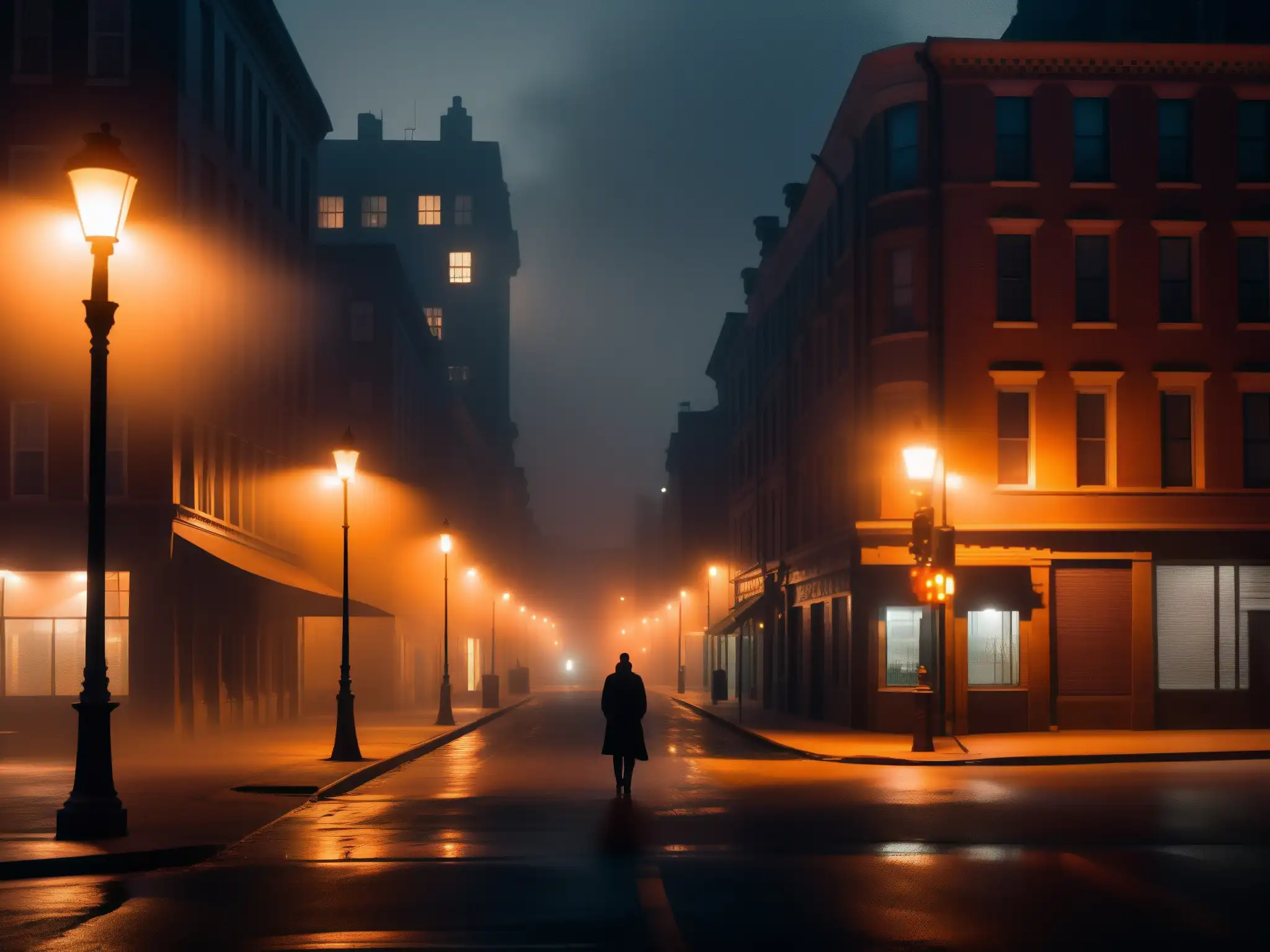 Una solitaria figura camina en una calle oscura y neblinosa de la ciudad, con una atmósfera de misterio y ansiedad social