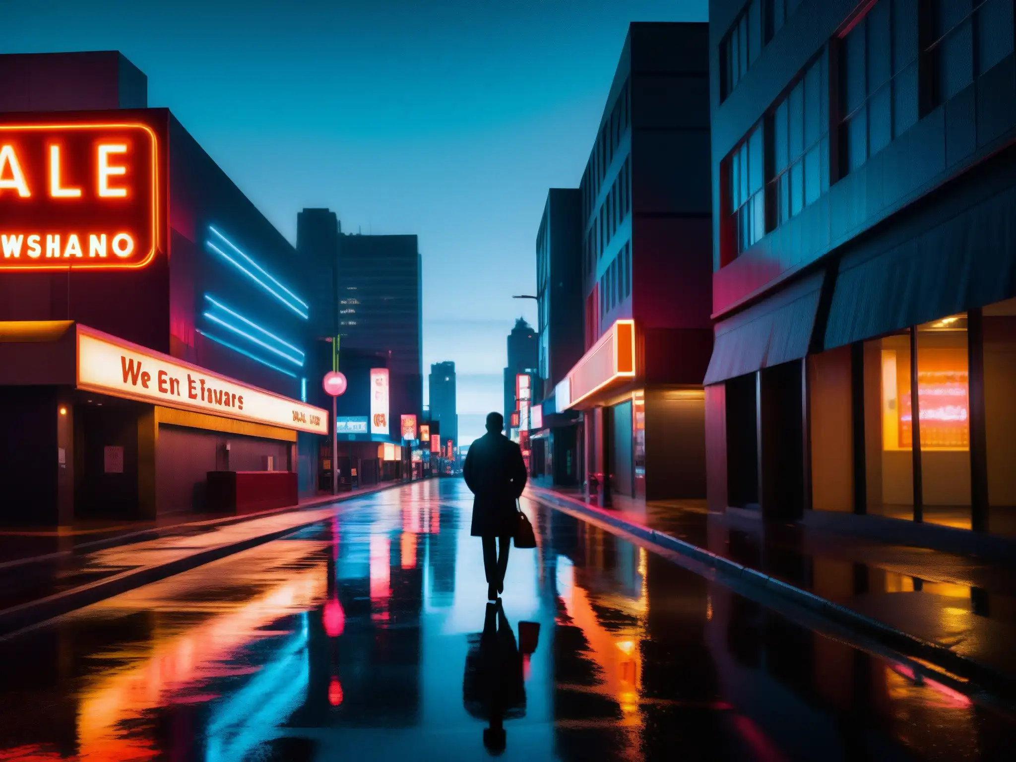 Una solitaria figura camina por una calle urbana oscura y misteriosa, con luces de neón reflejándose en el pavimento mojado