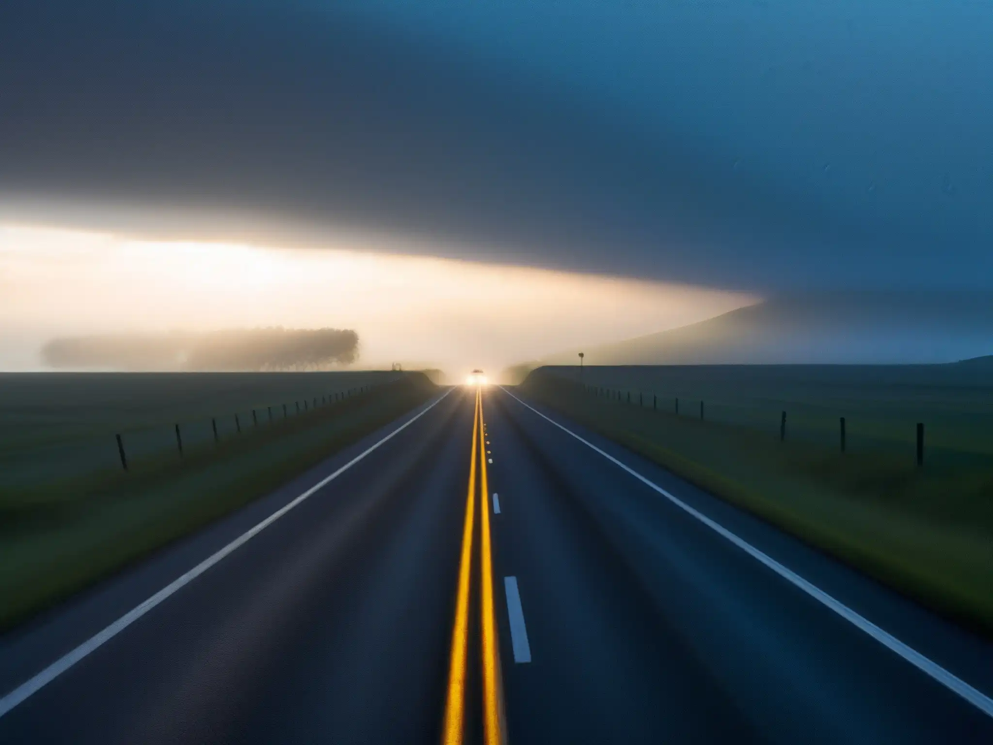 Un solitario autoestopista fantasma en la misteriosa TransCanada Highway al atardecer, iluminado por luces de autos