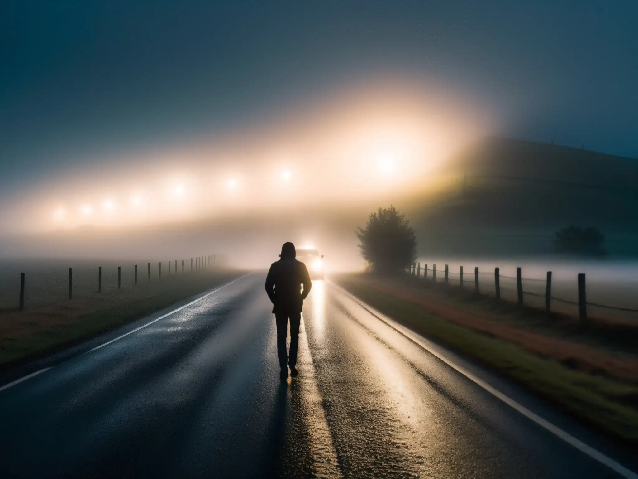 Un solitario autostopista fantasma emerge de la niebla en la oscura carretera rural, evocando mitos y leyendas urbanas