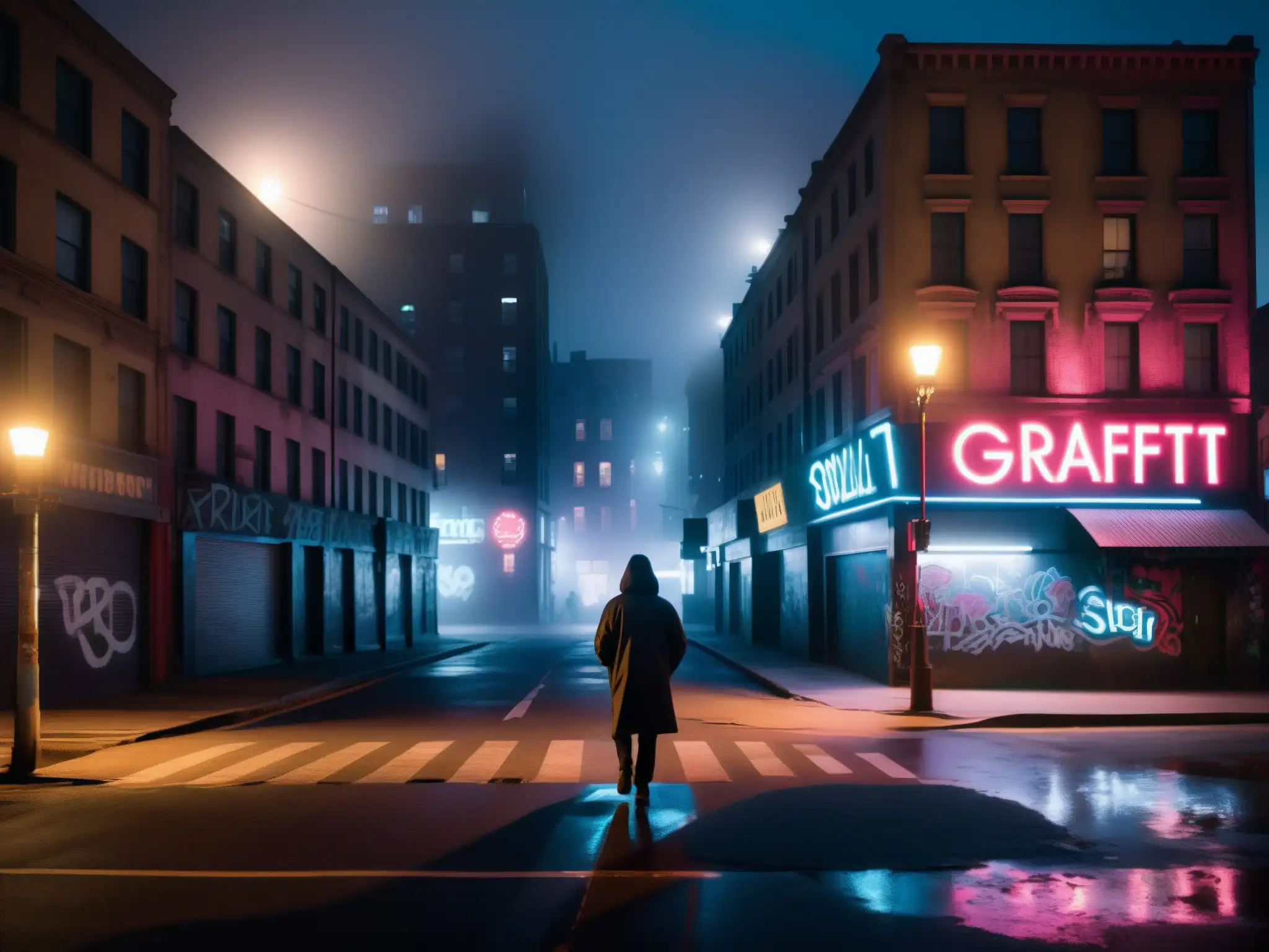 Un solitario camina por una calle urbana oscura y neblinosa, con grafitis y luces de neón, transmitiendo desconfianza social en leyendas urbanas