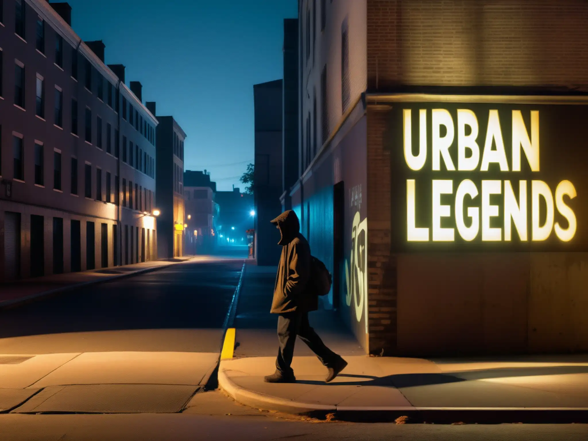 Un solitario caminante en una calle urbana oscura, iluminada por luces de la calle
