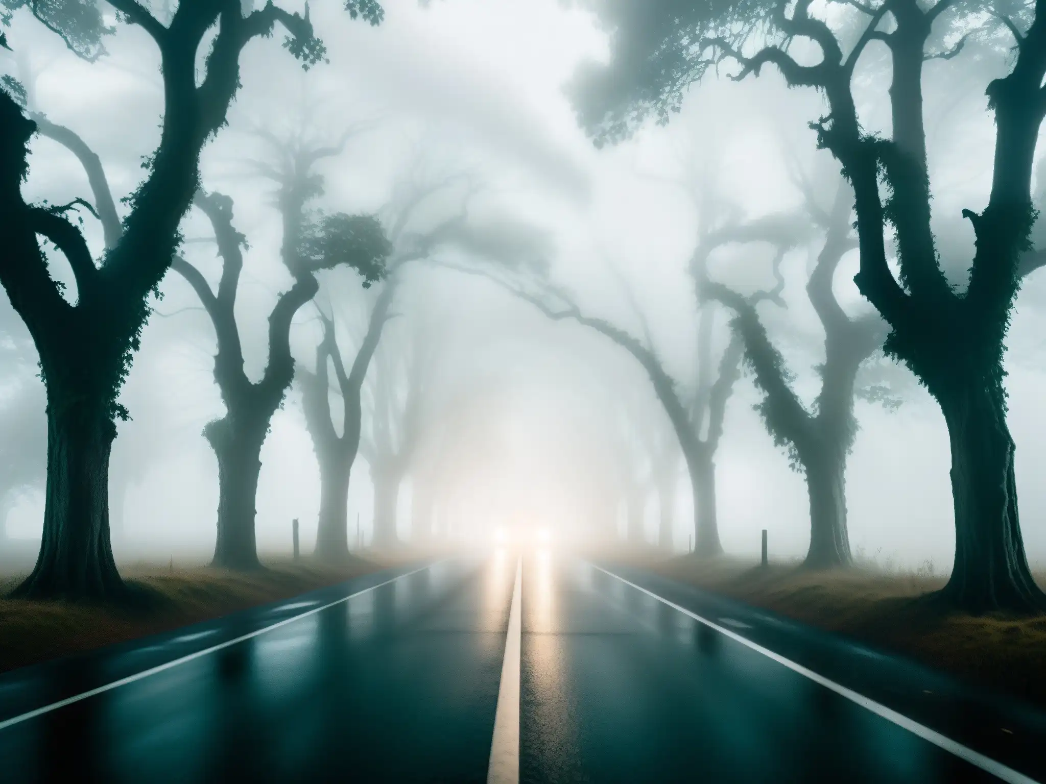 Un solitario coche ilumina una misteriosa y tenebrosa carretera cubierta de niebla, evocando vulnerabilidad y misterio