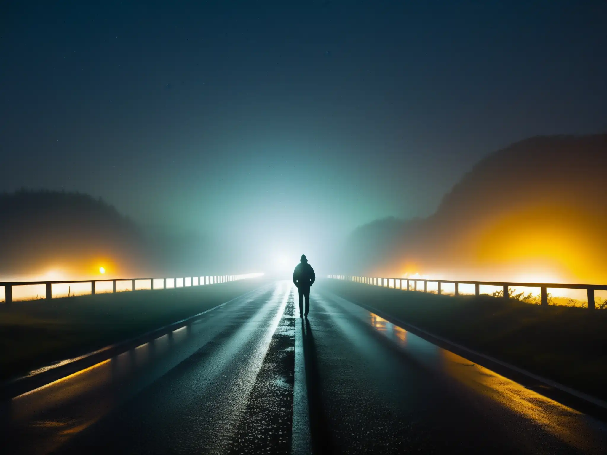 Un solitario espectro espera en una desolada carretera envuelta en neblina