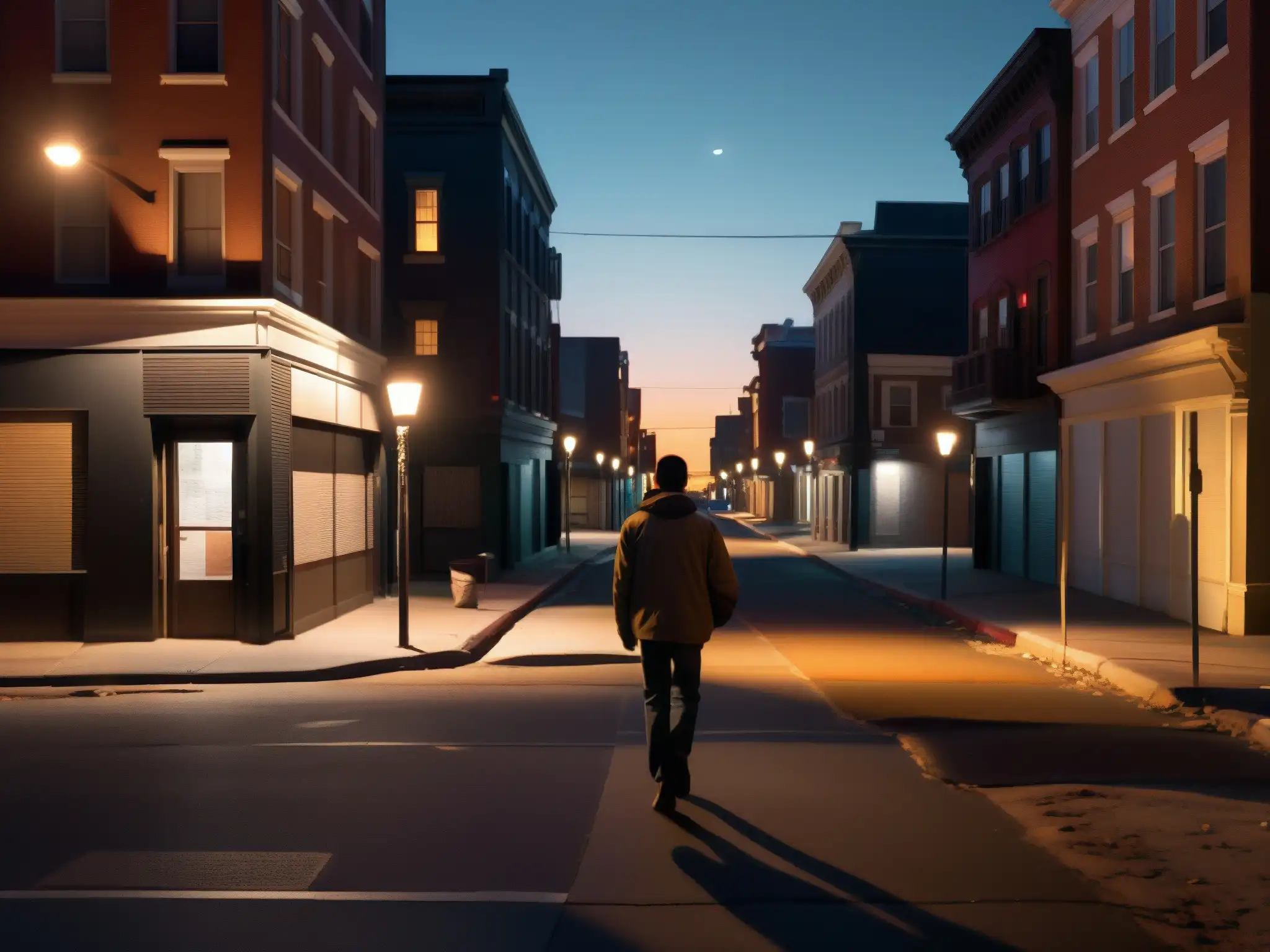 Un solitario camina en una oscura calle urbana